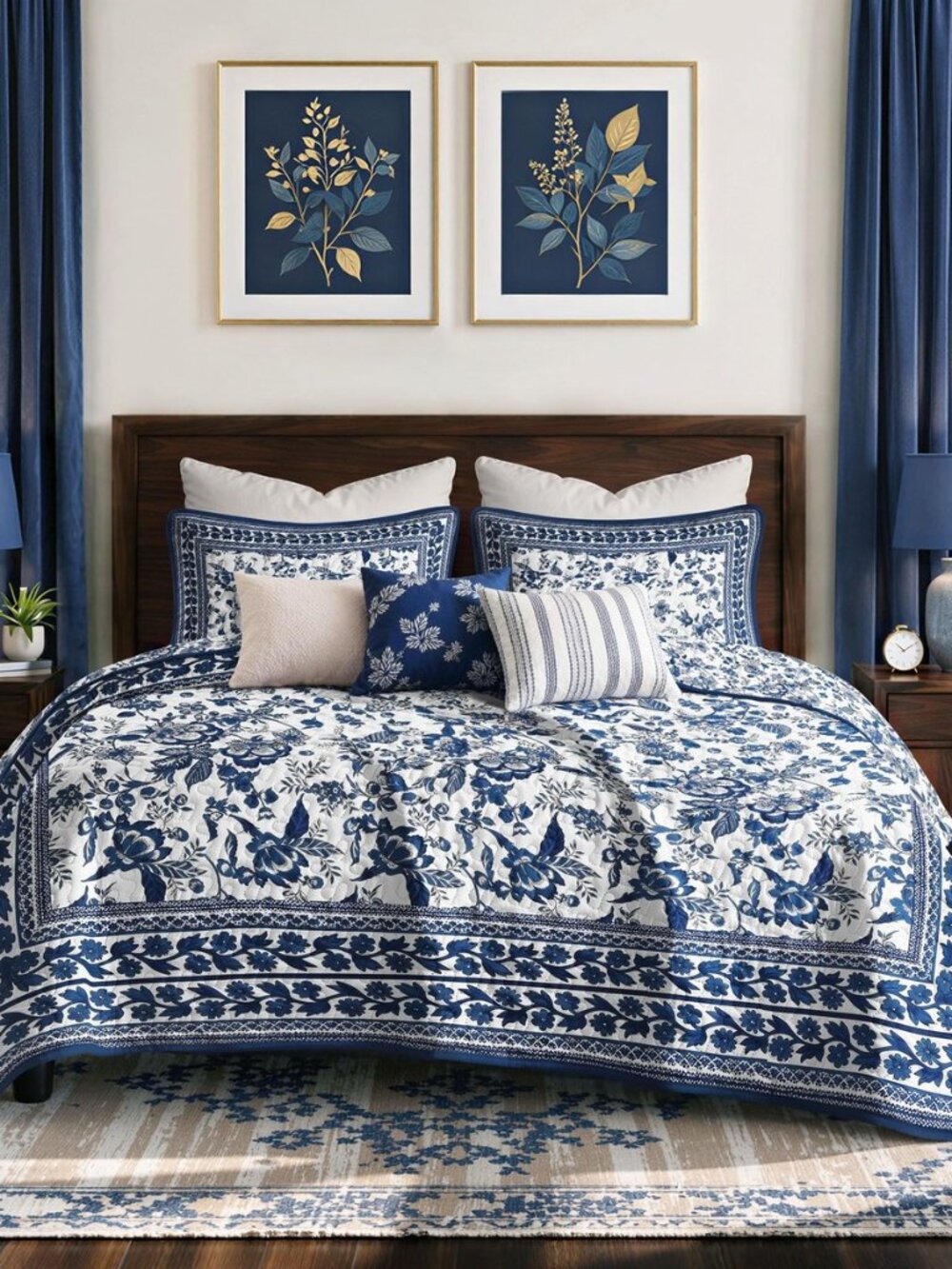 Blue and White Vintage Floral Quilt Set Full/Queen Size, 3-Piece Classic